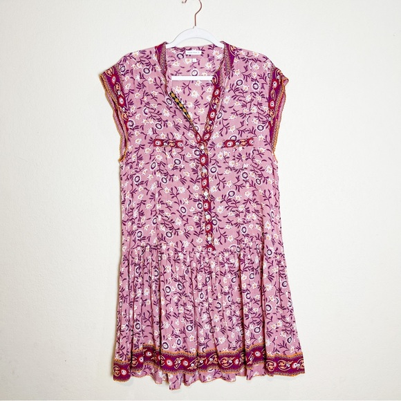 Poupette St Barth Amora Drop Waist Mini Dress in Purple Margot Floral Size Large - Picture 2 of 7